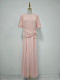 Art Exhibitions Pink Pleated Maxi Dress for Women Puff Sleeve Twist Waist Accent Pleated Bodice for Wedding Guest