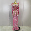 Women Celebrate Party Birthday Wedding Dress Nightclub Stage Outfit Luxury Sparkly Rhinestones Pearl Leaves Sexy Mesh Long Dress