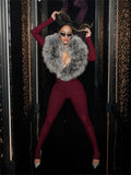 Furry Deep V-Neck Jumpsuits Woman Hipster Patchwork Trend Sexy Stretch Fitness Club Activity Luxury Midnight Overalls