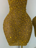 Gold Party Evening Short Dress Sparkly Diamonds Luxury Elegant Mesh See Throught Cocktail Birthday Clothing Night Club Show Wear