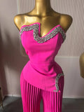 Women's Set Diamonds Hot Rhinestones Crop Top and Pleated Wide Leg Pants Suit  Two 2 Piece Sets Outfits Tracksuit