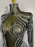 Women Evening Birthday Party Nightclub Dance Singer Stage Outfit Sexy Sparkly Rhinestone Sequins Tassel Mesh Transparent Dress