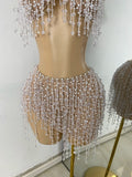 Women Glitter Crop Top Short Mesh Pearls Sets Nightclub Performance Outfit Two Pieces Party Birthday Clothing