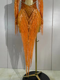 Women Sparkly Diamond Orange Tassel Latin Dance Outfits Long Sleeves Mesh Transparent Dress Bar Nightclub Party Club Stage Wear