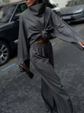 Casual Striped Women Two Piece Set Turtleneck Long Sleeve Loose Top Long Pants for Office Casual Outing Fashion New