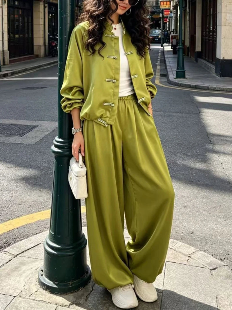 Solid Spliced Buttons Two Piece Set Female Stand Collar Long Sleeve Top Retro Chinese Women's Trousers Sets Fashion