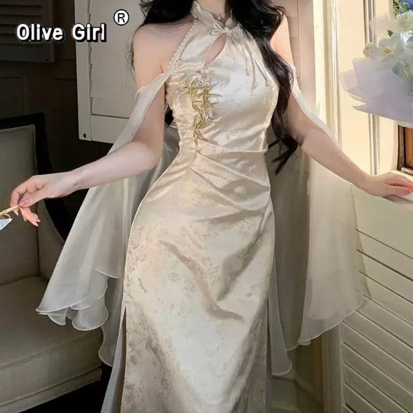Olive Girl Red Embroidered Qipao for Ren Faire 2026 Garden Wedding Fairycore Photoshoot Everyday Wear S-XXL XS-3XL Plus Size Embroidered Romantic Garden Party Editorial Not Costume Qipao Cheongsam Chinese Dress Chinese Heritage Fashion Women