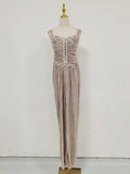 Gold Pleated Tunic Fish Bone Dresses for Women Square Collar Sleeveless Casual Party Split Evening Dress Female New