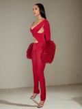 Cross Hollow Jumpsuit Women Sexy Fit Fur Patchwork Full Sleeve Workout Activity Streetwear Stretch Tight Overalls