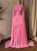 Burgundy High Neck Mesh Cape Sleeve Mermaid Gown Ruched Bodycon Long Dress Wedding Birthday Party Evening Party Dresses
