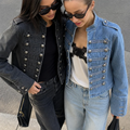 Cropped Denim Jacket Women Stand Collar Bell Sleeves Double Breasted Splicing Retro Fashion Biker-Style Coat Autumn 2026