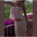 Elegant Lace Women Long Pant Set Square Neck Sheer Ruffle Hem Crop Cami Top High Waist Wide Leg Trousers 2026 Summer Chic Suit