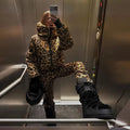 Women Leopard Print Hooded Ski Suit Set Waterproof Windproof Snow Jacket Pants Two Piece Outfit Winter Snowboard Skiing Costume