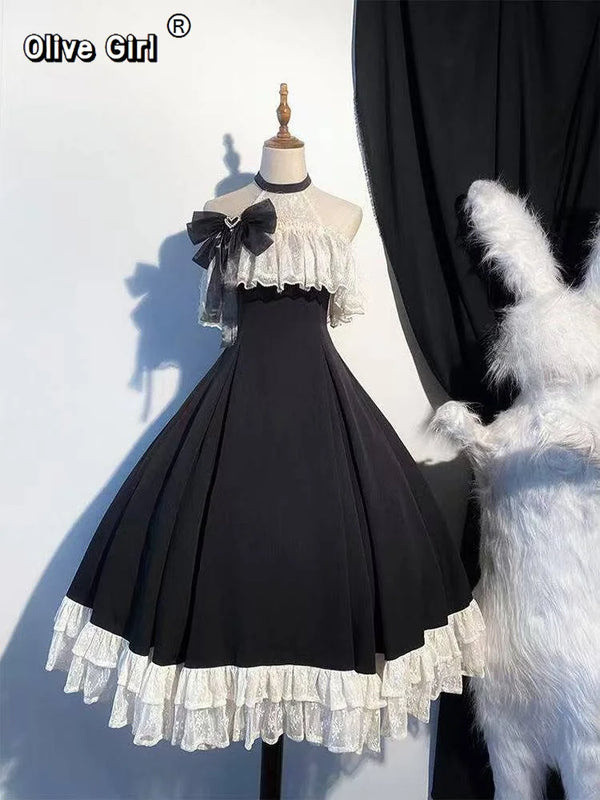 Olivegirl Party Kawaii Lolita Dress Bow Slash Neck Gothic Vintage Black Midi Dress Women Summer Harajuku Lace Halter Bodycon