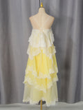 Gradient Color Runway Spaghetti Strap Maxi Dress for Women Strapless Spliced Ruffles Sweet Lace Edge Cake Dresses Female New