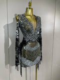 Luxury Birthday Sparkly Diamonds Sequin Tassels Long Sleeves Sheer Mini Dress Evening Party Sexy Mesh Nightclub Photo Shoot Wear