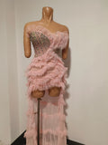 Sparkly Diamond Strapless Mesh Ruffled Pink Long Dress Birthday Evening Party PhotoShoot See Through Bar Nightclub Stage Costume