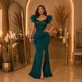 Elegant Evening Dress Sequin Feather Shoulders Mermaid Gowns for Wedding Prom Party Club Special Occasions Split Long Dress