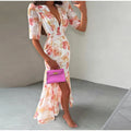 Elegant Women's Printed Pleated Dress Slim Short Bubble Sleeve V-neck Split Dresses 2026 Spring Summer Lady Fashion Holiday Robe