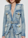 Shoulder Pud Designer Denim Coat for Women Deep V Nek Long Sleeve Patchwork Sashes Sexy Fashionable Jacket Female Clothing