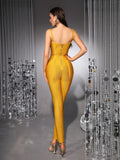 Khaki Ginger Women's V-neck Bodycon Sexy Sleeveless Rayon Bandage Jumpsuit Night Club Party Jumpsuits