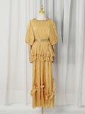 Elegant Chiffon Layered Ruffles Design Dress for Women Short Sleeves Waist Belt Spliced Diamonds Accent for Afternoon Tea