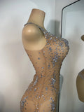 Women Sexy Sleeveless Rhinestones Chic Evening Gown Mesh See Through Performance Dance Costume Singer Stage Wear