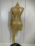 Sparkly Rhinestones Tassel Sexy See-Through Dress Women One Shoulder Latin Dance Outfits Bars Nightclub Party Stage Costume