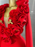 Red Color Women Long Sleeve Sexy V-Neck Florals Golden Sequined Bodycon Long Bandage Dress Winter Celebrate Evening Outfit