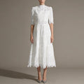 Wedding Guest Green Lace High Neck Midi Dress for Half Sleeve Women Cutout Texture Tiered Hem Flowy Skirt for Afternoon Tea