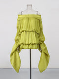 Solid Loose Spliced Folds Dress for Women Slash Neck Long Sleeve Luxury Irregular Dresses Female Summer Fashion New