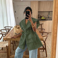 Summer Sleeveless Work Shirt Multi-Pocket Belted Loose Top For Women Lapel Collar Button Fashion Solid Color Cardigan Top