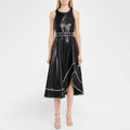 Fashion Bright Line Decoration Pu Leather Dress Women Belt Sleeveless Irregular Draped Dress Club Party Female Vestidos