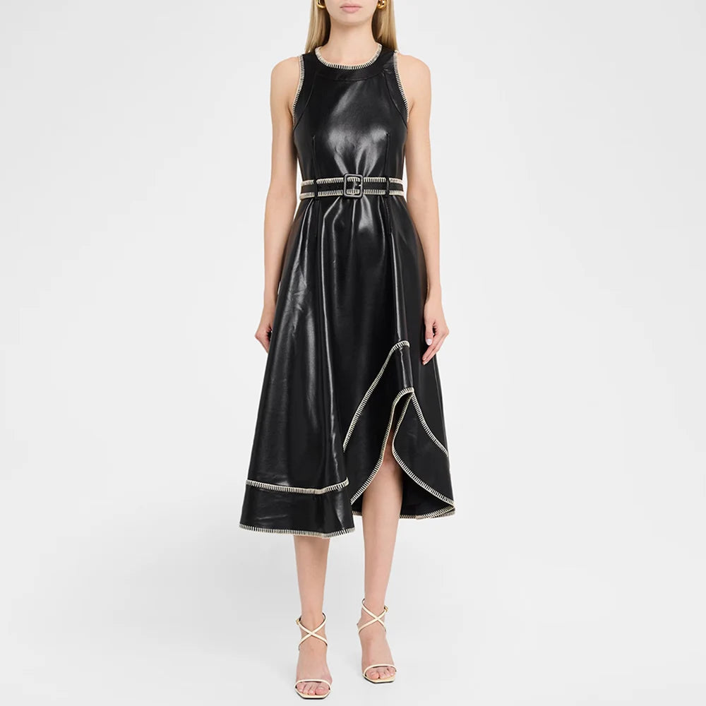 Fashion Bright Line Decoration Pu Leather Dress Women Belt Sleeveless Irregular Draped Dress Club Party Female Vestidos