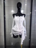 Red White Women Sexy Strapless Lace Bodycon Mini Dress With Gloves Celebrate Nightclub Party Birthday Photoshoot Wear