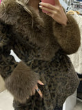 Leopard Print Faux Fur Jacket Womens Long Sleeve Fur Collar Cuff Pockets Coat Autumn Party Winter Streetwear Trendy Outerwear