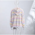 Women Rainbow Stripe Hooded Knit Cardigan Zip Front Drop Shoulder Side Pocket Loose Jacket Multicolor Textured Casual Daily Wear