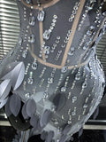 Women Sexy Strapless Sparkly Diamonds Mesh See Through Maxi Long Dress Luxury Birthday Evening Party Nightclub Bar Stage Costume