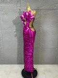 Fuchsia High-end Feather Floral Long Dress Women Hollow Cutout Long Gown Evening Prom Carnival Stage Performance Costume