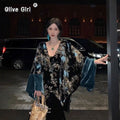 Gold Velvet Embroidery Contrasting Coat High-end Jacket Elegant Blue Gold+patchwork Dress for Women's Clothing Spring Autumn