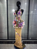 Black Khaki Women Sexy Halter Backless 3D Flowers Bodycon Long Maxi Dress Celebrate Evening Party Performance Costumes Wear