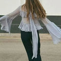 Solid Spliced Ruffles Slimming Blouses for Women O Neck Long Sleeve High Waist Shirts Female Fashion
