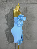 Strapless 3D Handmade Flower RhinestoneBandage Mini Dress Women Sky CorsetBodycon Short Cocktail Party Evening Dress