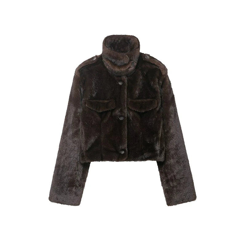 Women's Brown Faux Fur Cropped Jacket Fashion Stand Collar Single Breasted Pocket Casual Coat Lady 2026 Spring Chic Outerwear