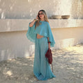 Light Turquoise Striped Batwing Crop Top Drawstring Loose Wide Pants Women Seaside Resort Casual 2 Piece Matching Party Set 2026