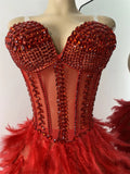 Women Sexy Straplss Crystals Diamonds Feather Luxury Party Dress Designer Mesh Transparent Performance Stage Outfit