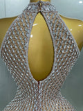 Luxurious Full Rhinestones Mesh Transparent Long Dress Women Birthday Celebrate Evening Prom Dress Party Club Stage Costume
