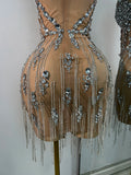 Luxury Crystals Diamonds Evening Party Dress Women Sexy Halter See Through Mesh Birthday Gowns Nightclub Singer Stage Wear