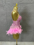 Glamorous Pink Sparkly Rhinestone Feather Trim Bodysuit Performance Costume Singer Stage Outfit Birthday Party Nightclub Wear