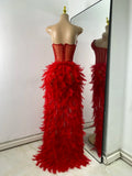 Women Sexy Straplss Crystals Diamonds Feather Luxury Party Dress Designer Mesh Transparent Performance Stage Outfit